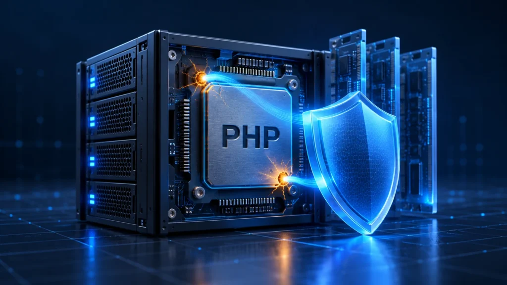 PHP serverio ir atminties modulių iliustracija su mėlynu apsaugos skydu