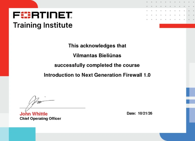Vilmanto Bieliūno pažymėjimas: Introduction to the Next Generation Firewall 1.0