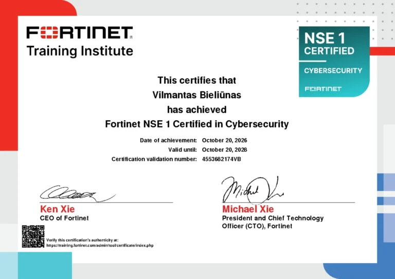 Vilmanto Bieliūno pažymėjimas: Fortinet NSE 1 Certified in Cybersecurity
