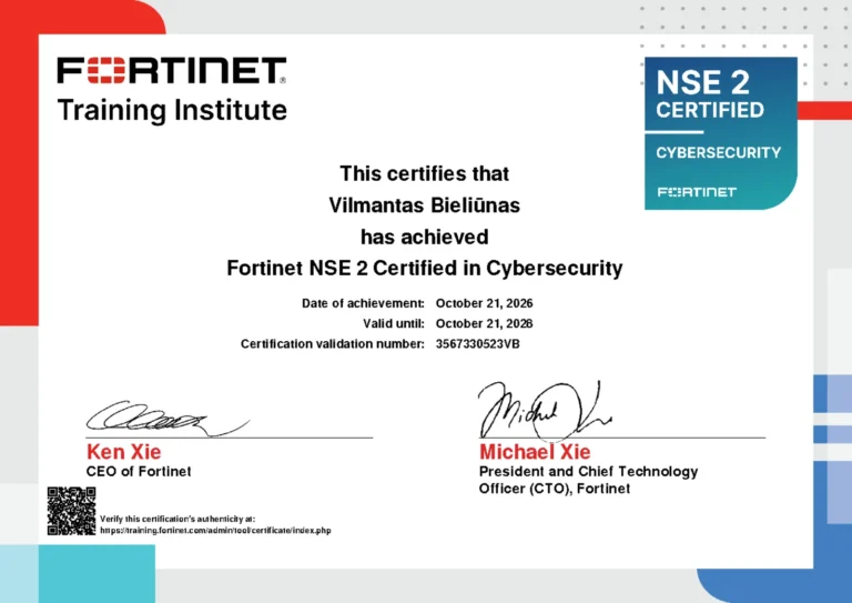 Vilmanto Bieliūno pažymėjimas: Fortinet NSE 2 Certified in Cybersecurity