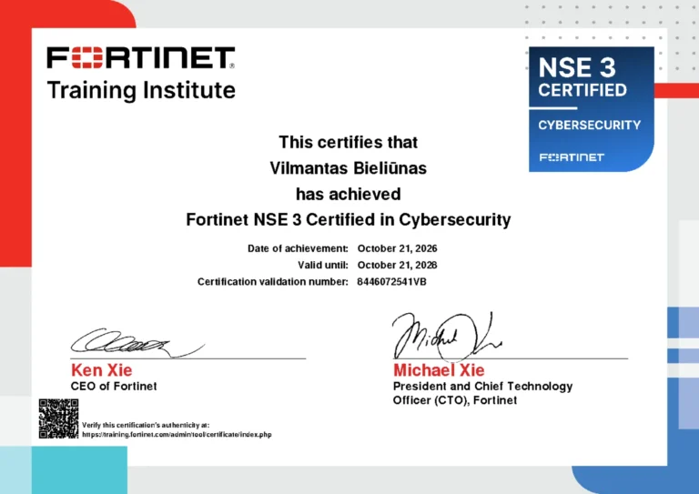 Vilmanto Bieliūno pažymėjimas: Fortinet NSE 3 Certified in Cybersecurity