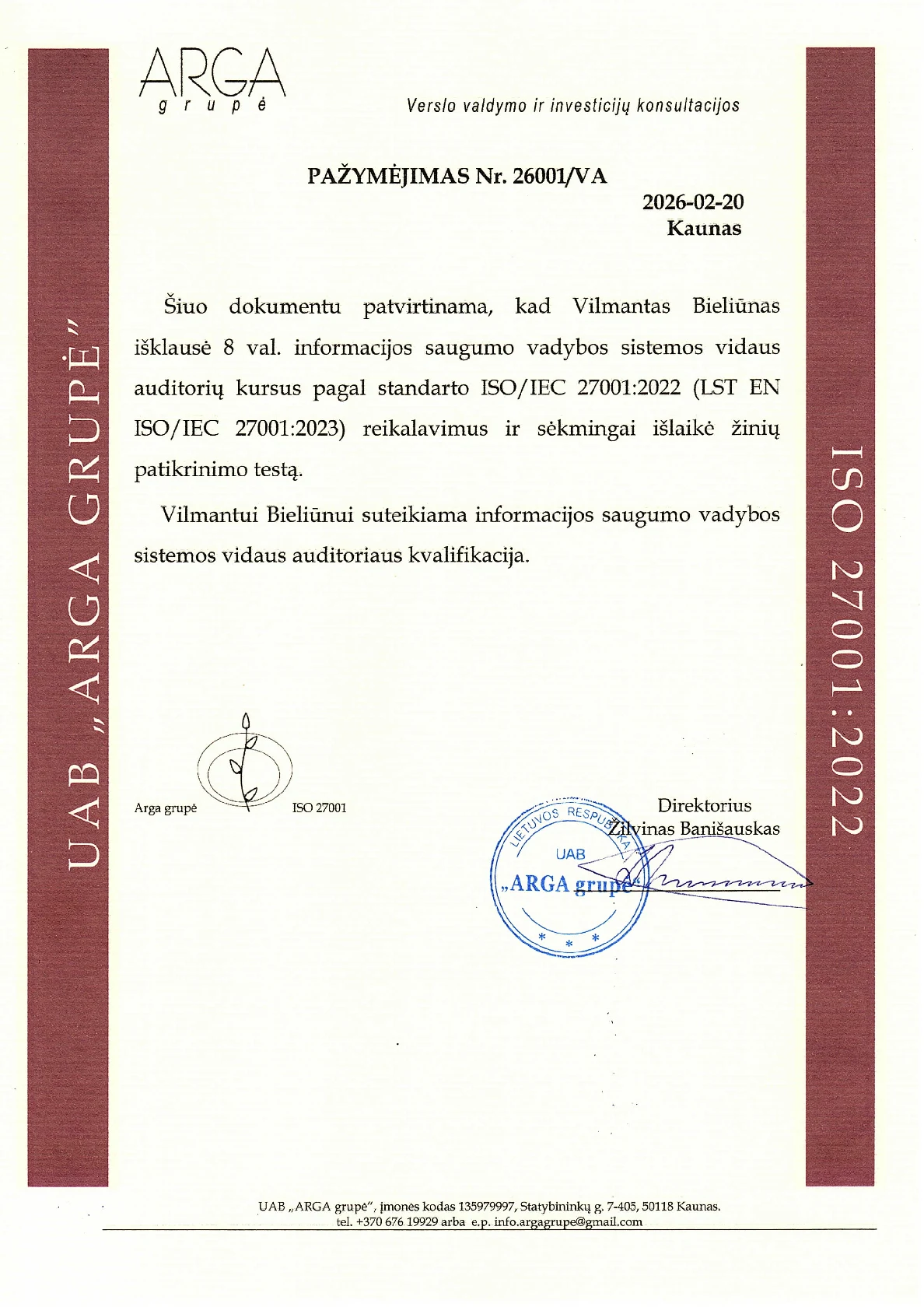 Informacijos saugumo vadybos sistemos vidaus auditorius – ISO/IEC 27001:2022