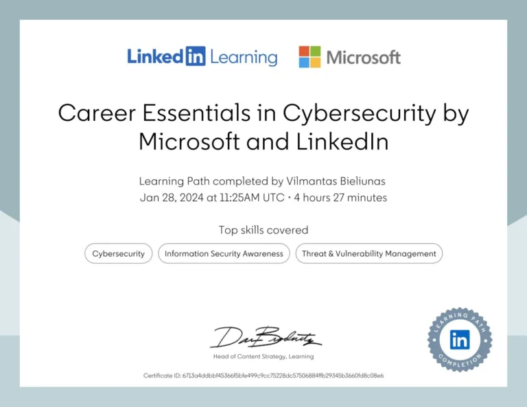 Vilmanto Bieliūno pažymėjimas: Career Essentials in Cybersecurity by Microsoft and LinkedIn