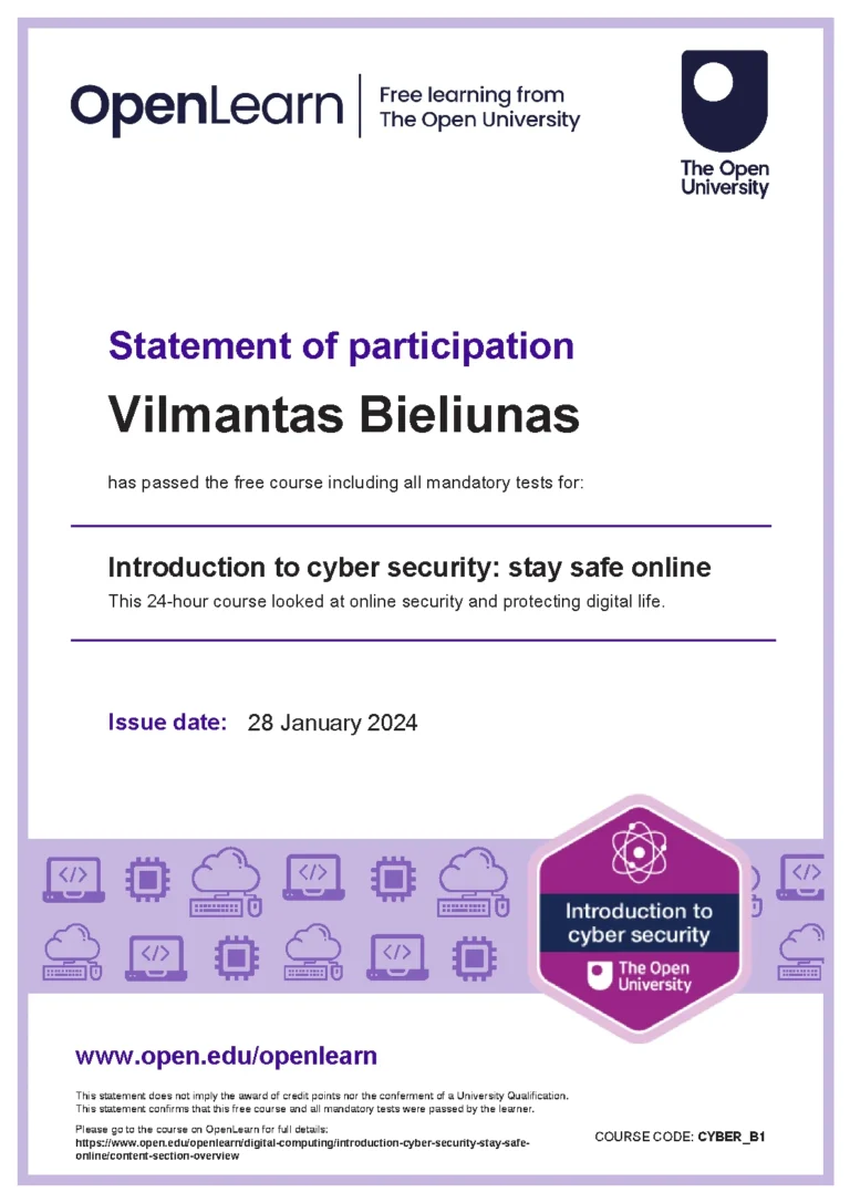 Vilmanto Bieliūno pažymėjimas: Introduction to cyber security: stay safe online