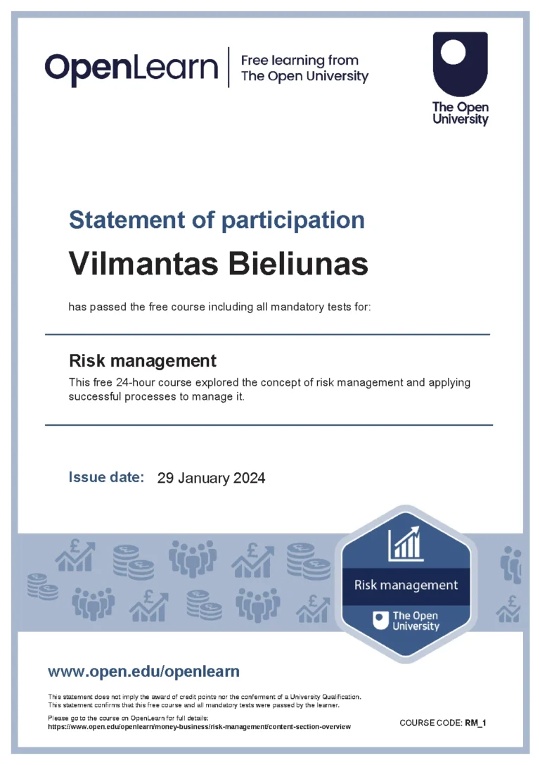 Vilmanto Bieliūno pažymėjimas: Risk management