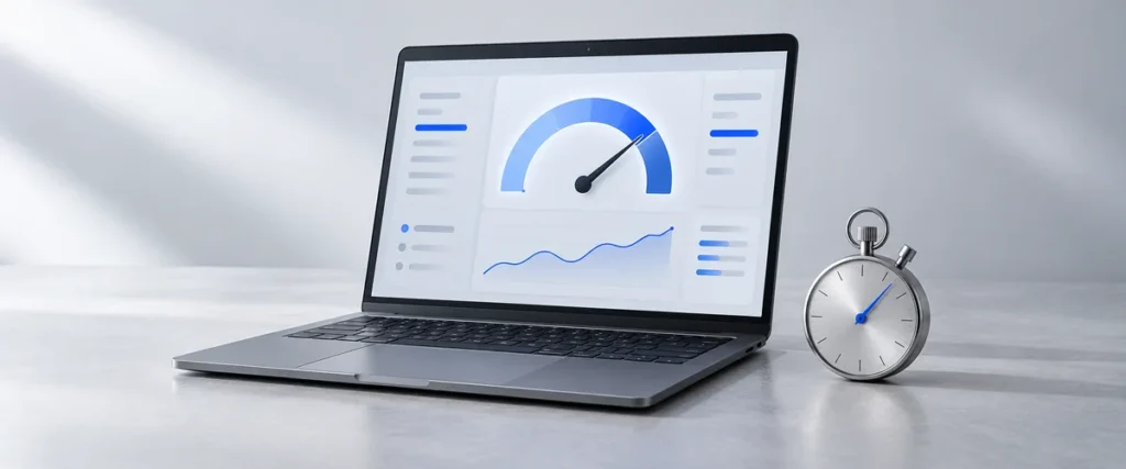 Website performance indicators on a laptop screen and a stopwatch.